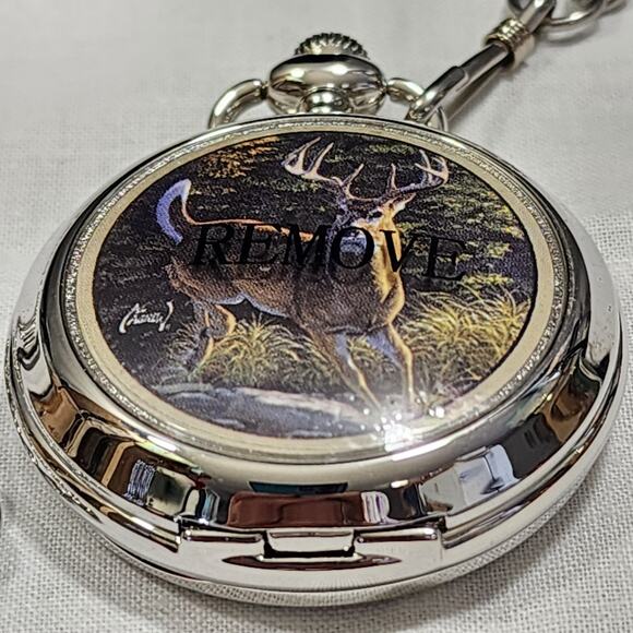 Al Agnew White Tailed Deer Pocket Watch Quartz Movement Silver Tone Case Chain - Picture 3 of 16
